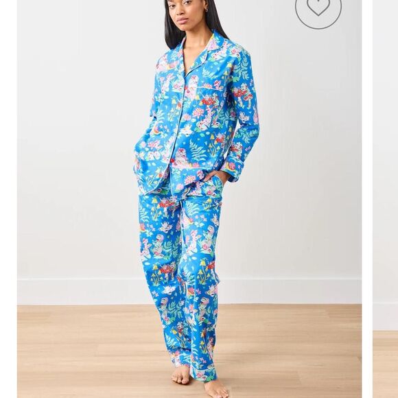 Print Fresh Tea Party 100% Organic Cotton Maximalist Long Pajama Set Size Large - Picture 1 of 8